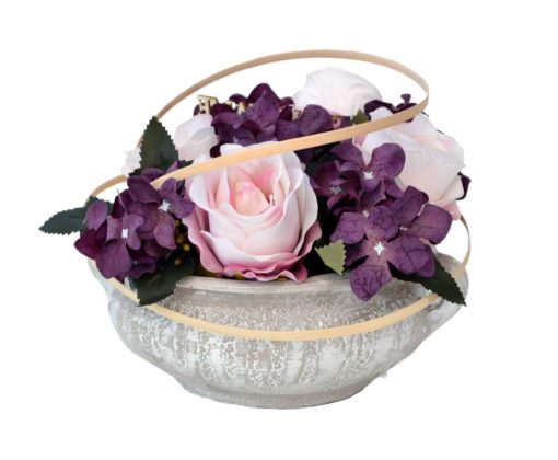 Aranžmán Miska ruže a hortenzia ružovo-fialový