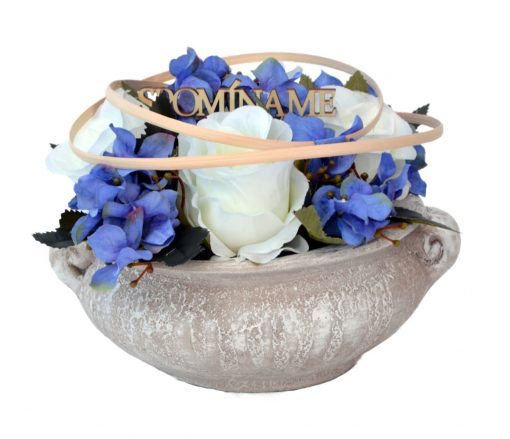 Aranžmán Miska ruže a hortenzia bielo-modrý
